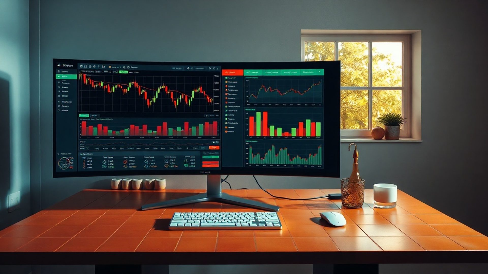 Panel de trading teal-modern conectado a un bróker sobre escritorio con luz mediterránea